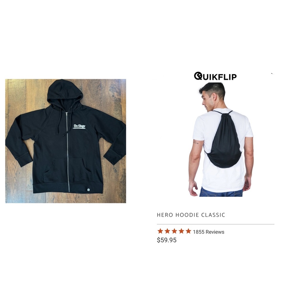 QUICKFLIP black zipper hoodie, convertible backpack, size XL